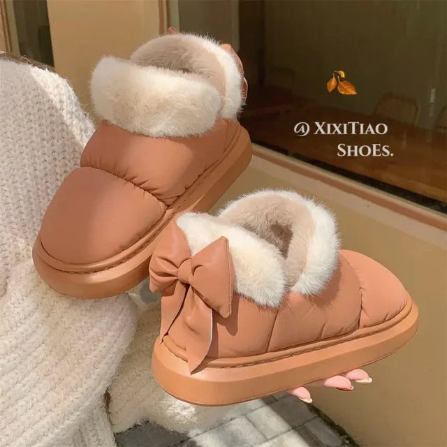 Women's Snow Boots Winter Warm Thick Ankle Boots Outdoor Anti Slip Furry Bow Cotton Shoes Comfortable Waterproof Plush Boots