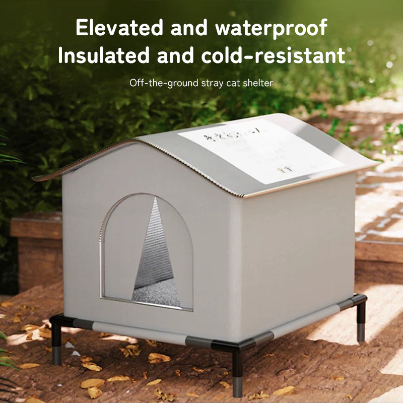 Insulated Outdoor Cat House - Weatherproof Shelter Raised Base