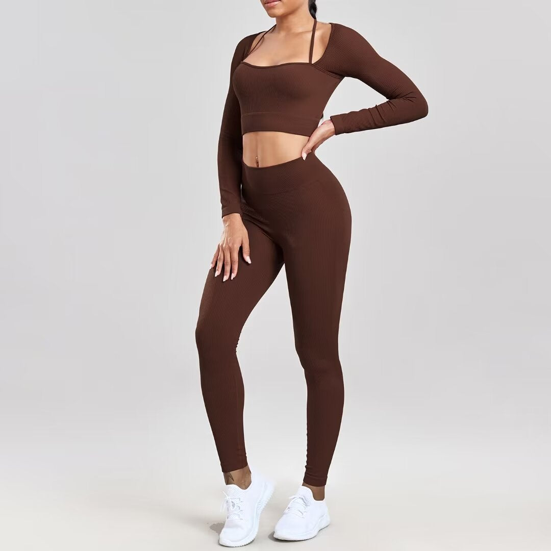 Seamless Yoga Set - Ribbed Long Sleeve Workout Top & High Waist Leggings | Quick Dry