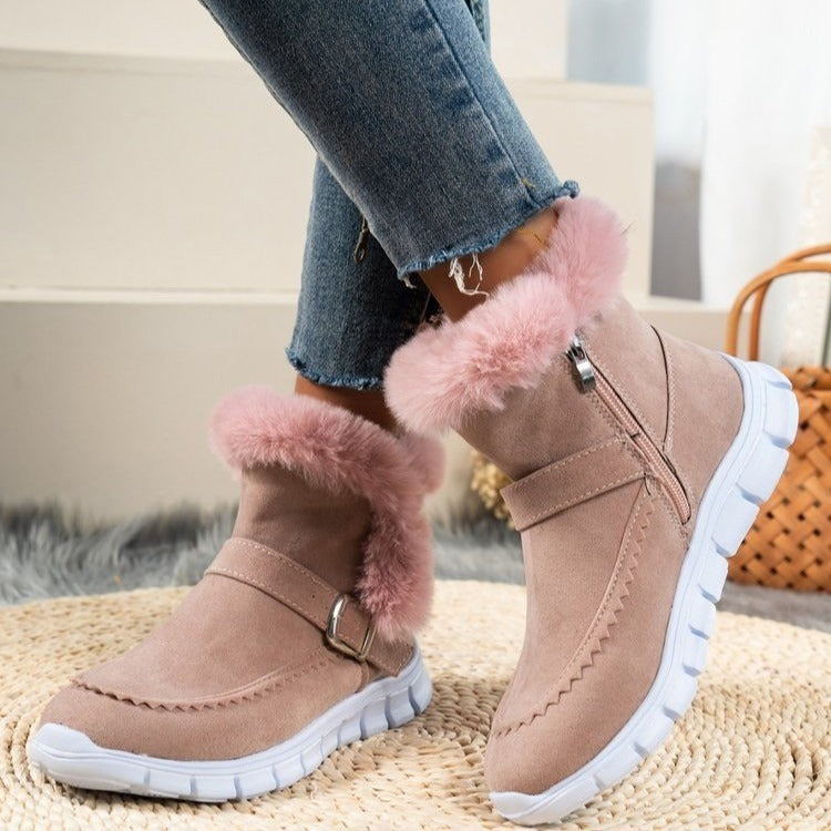 Women’s Warm Velvet Winter Snow Boots | Short Side‑Zip Flat Boots