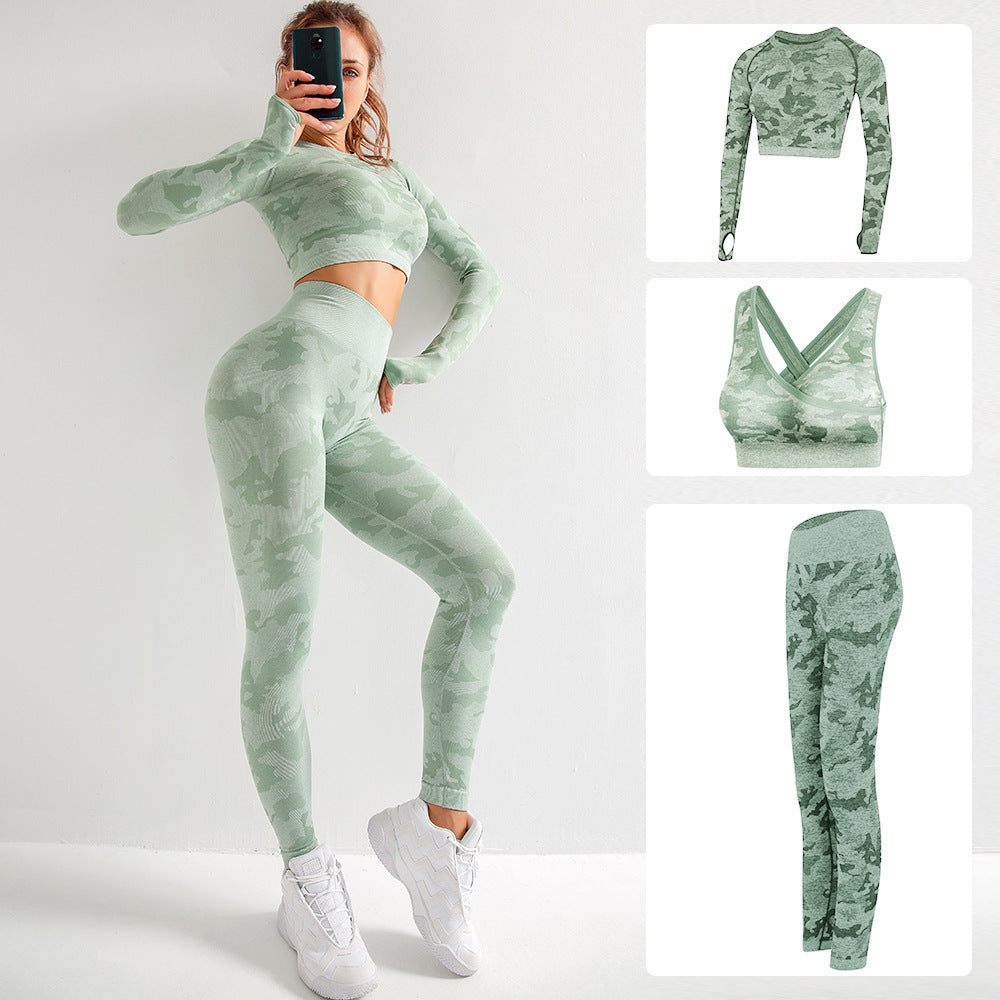 Camo Yoga Set 3 Piece - Sports Bra, Leggings & Long Sleeve Top | Butt Lift Workout
