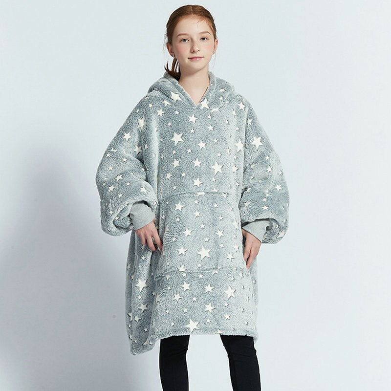 Kids Sherpa Fleece Snuggle Hoodie – Double-Layer TV Blanket Hoodie with Sleeves | Winter Warm Oversized Wearable Blanket