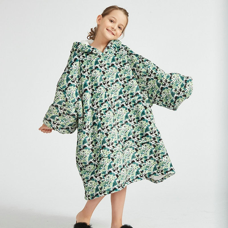 Kids Sherpa Fleece Snuggle Hoodie – Double-Layer TV Blanket Hoodie with Sleeves | Winter Warm Oversized Wearable Blanket