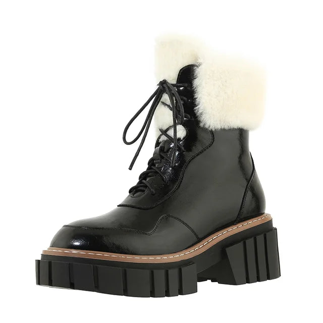 Women’s Leather Winter Boots | Natural Cowhide + Wool Lined Platform Snow Boots