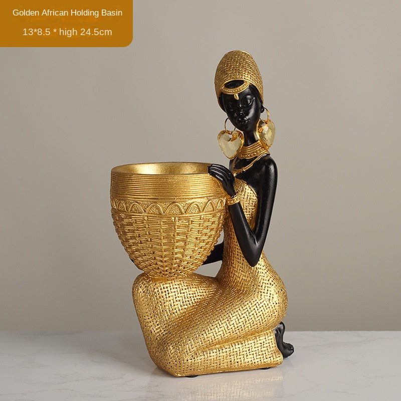 African Girls Resin Ornament - Golden Seated Figurine Home Decor & Character Decoration