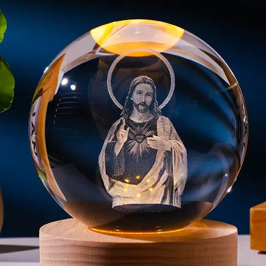 Luminous Crystal Ball with Carved Jesus - Solid Wood Base for Home Decoration & Gift