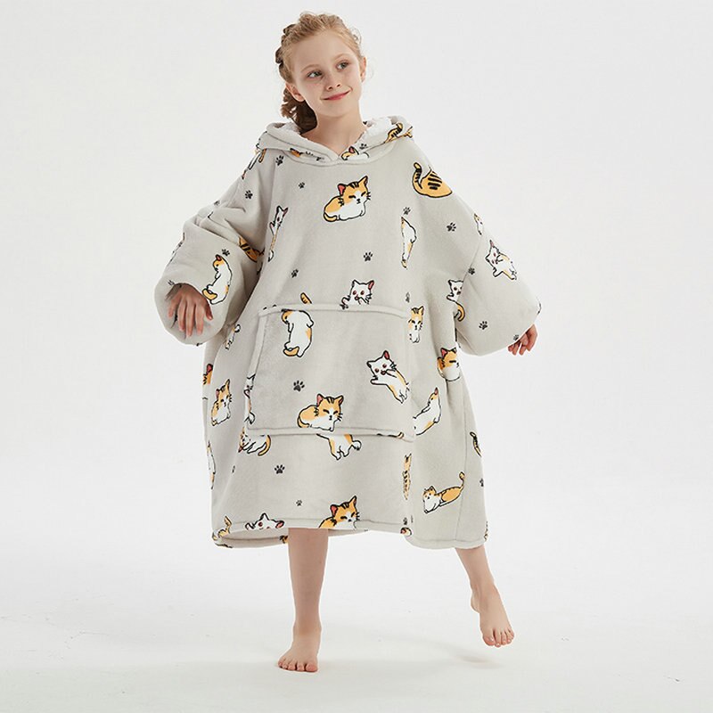 Kids Sherpa Fleece Snuggle Hoodie – Double-Layer TV Blanket Hoodie with Sleeves | Winter Warm Oversized Wearable Blanket