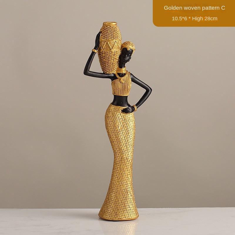 African Girls Resin Ornament - Golden Seated Figurine Home Decor & Character Decoration