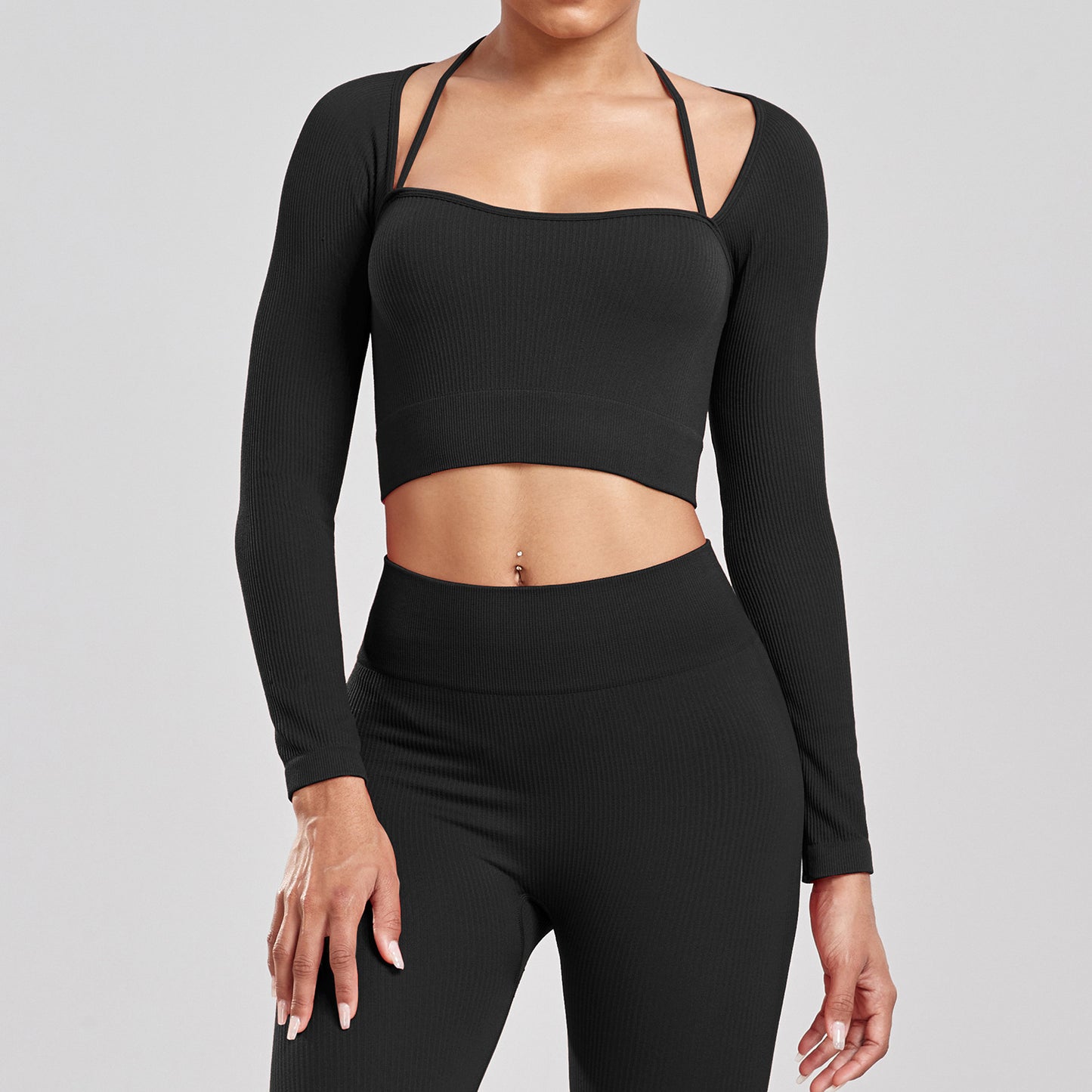 Seamless Yoga Set - Ribbed Long Sleeve Workout Top & High Waist Leggings | Quick Dry
