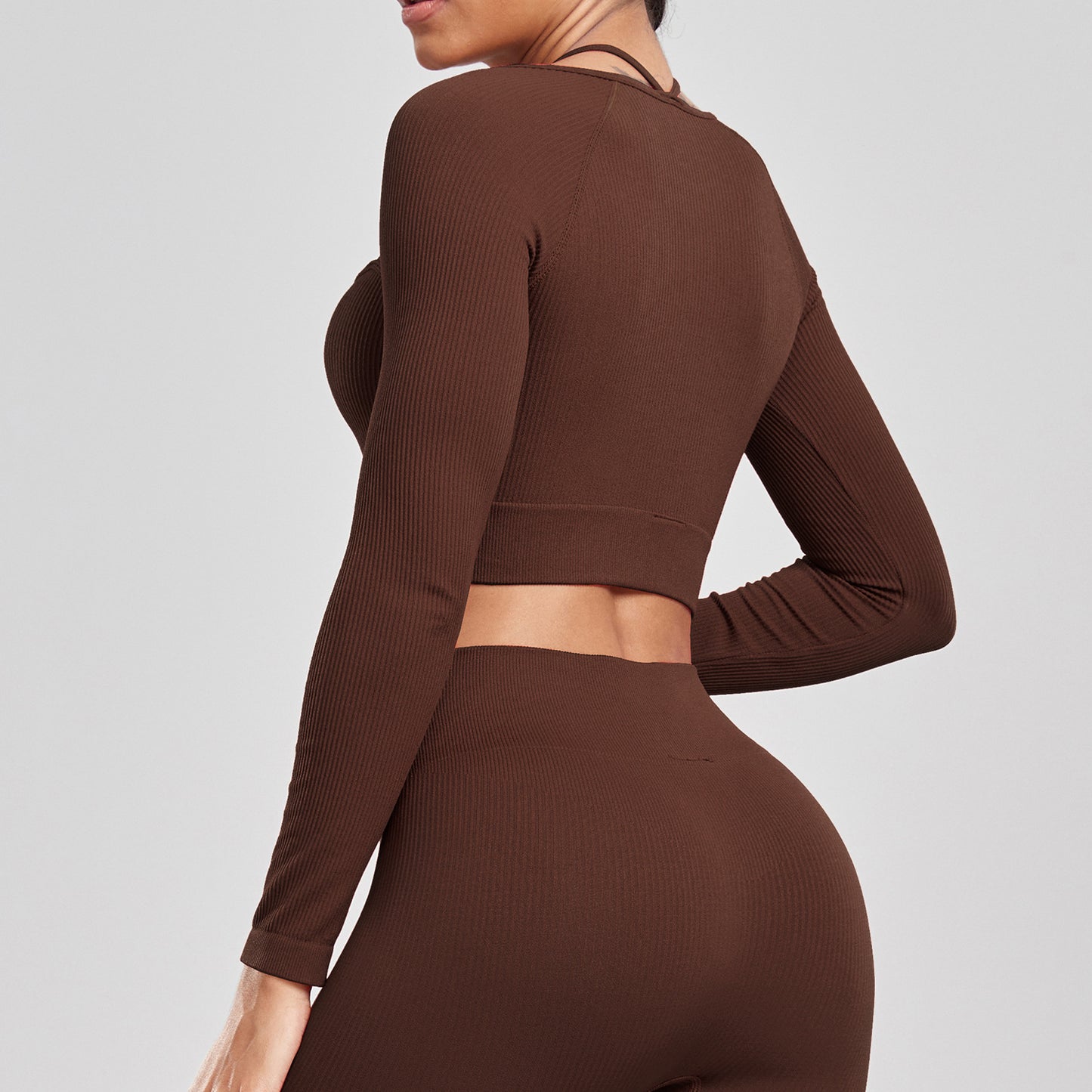 Seamless Yoga Set - Ribbed Long Sleeve Workout Top & High Waist Leggings | Quick Dry