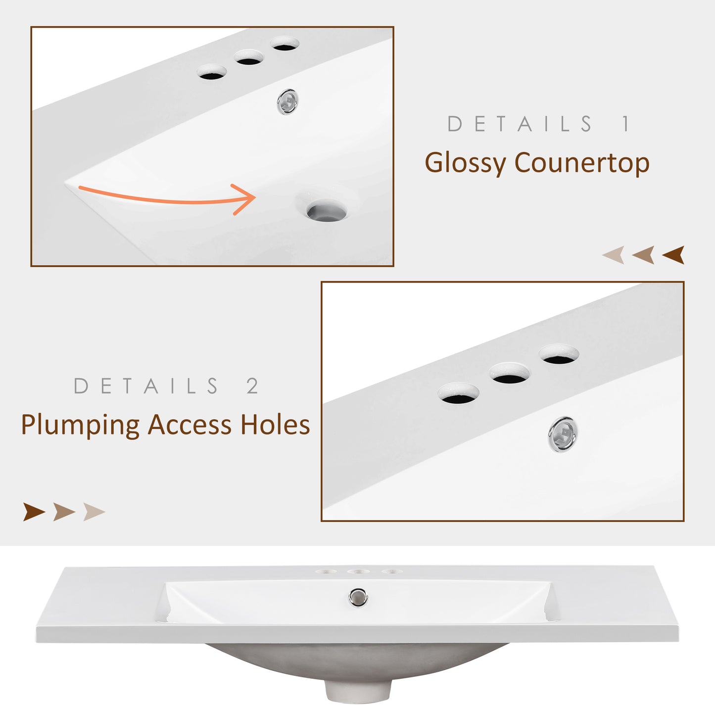 36" Bathroom Basin Sink – Resin Vanity Top with 3 Faucet Holes