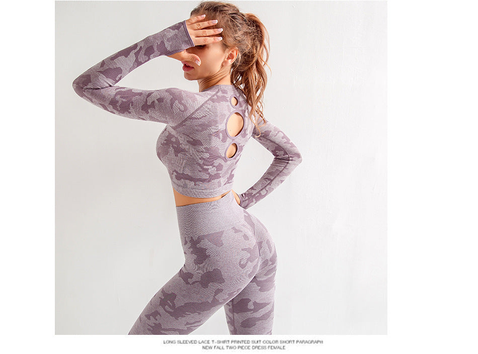 Camo Yoga Set 3 Piece - Sports Bra, Leggings & Long Sleeve Top | Butt Lift Workout