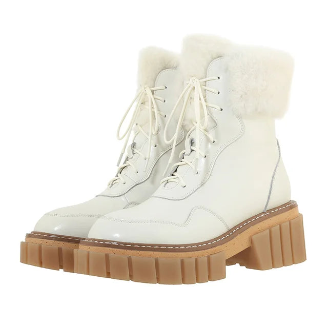 Women’s Leather Winter Boots | Natural Cowhide + Wool Lined Platform Snow Boots