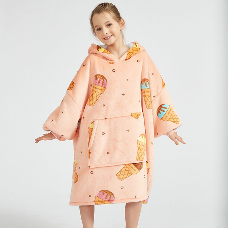 Kids Sherpa Fleece Snuggle Hoodie – Double-Layer TV Blanket Hoodie with Sleeves | Winter Warm Oversized Wearable Blanket