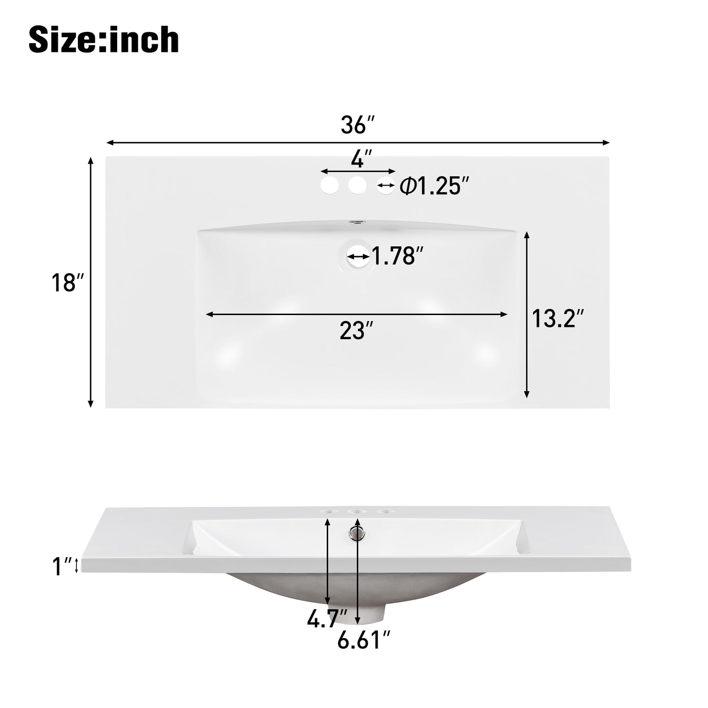 36" Bathroom Basin Sink – Resin Vanity Top with 3 Faucet Holes