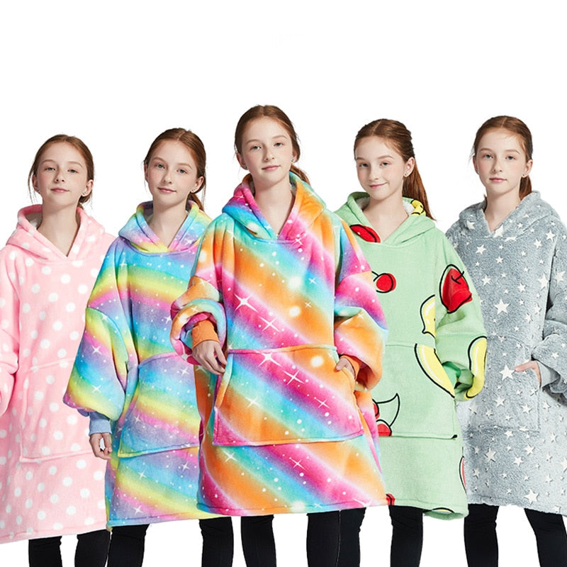 Kids Sherpa Fleece Snuggle Hoodie – Double-Layer TV Blanket Hoodie with Sleeves | Winter Warm Oversized Wearable Blanket