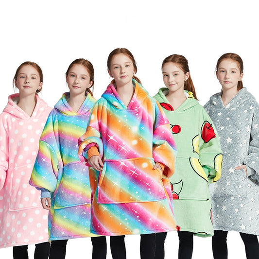 Kids Sherpa Fleece Snuggle Hoodie – Double‑Layer TV Blanket Hoodie with Sleeves | Winter Warm Oversized Wearable Blanket