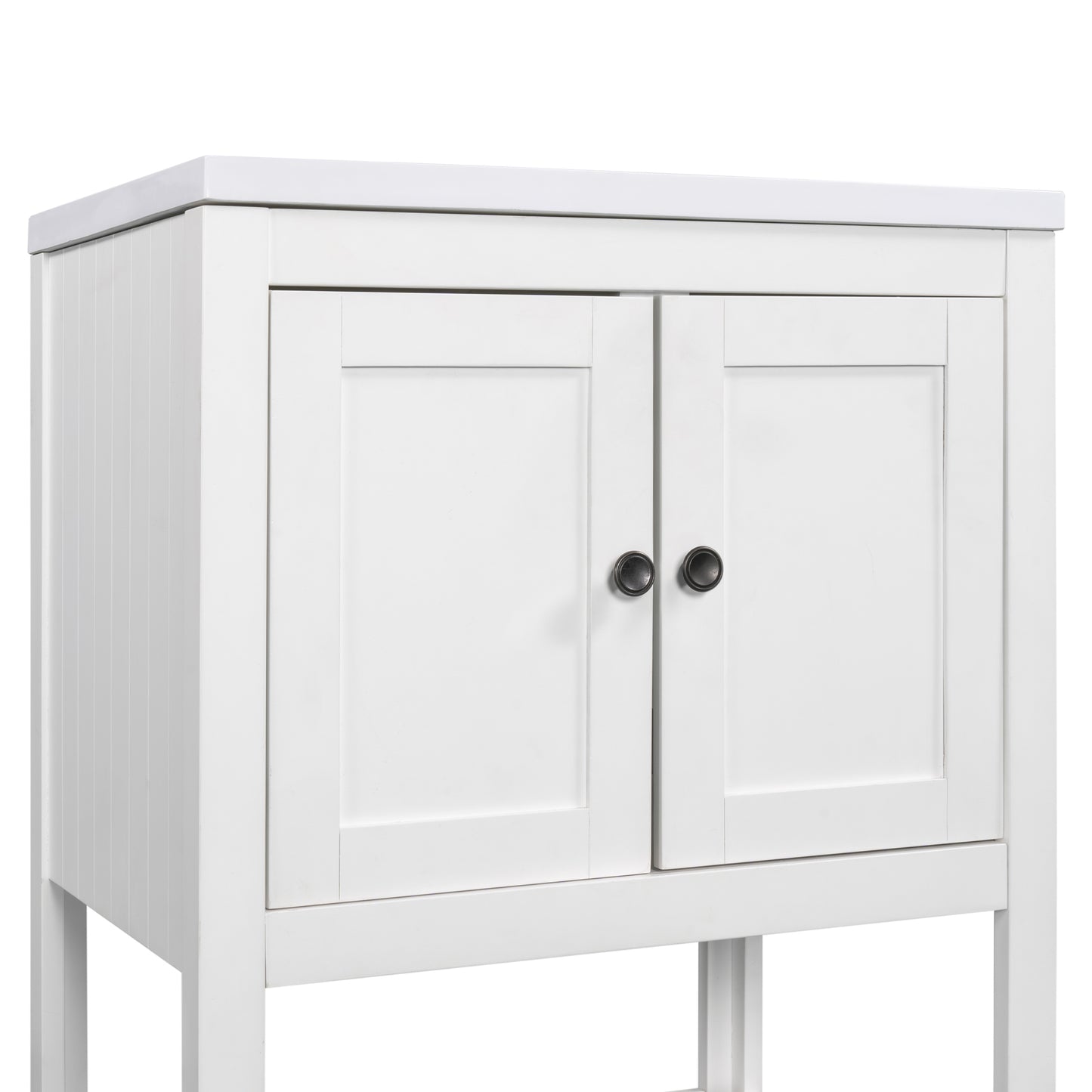 24" White Modern Sleek Bathroom Vanity Elegant Ceramic Sink with Solid Wood Frame Open Style Shelf