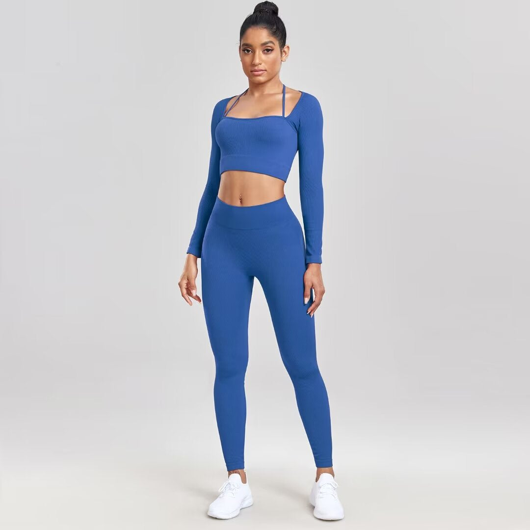 Seamless Yoga Set - Ribbed Long Sleeve Workout Top & High Waist Leggings | Quick Dry