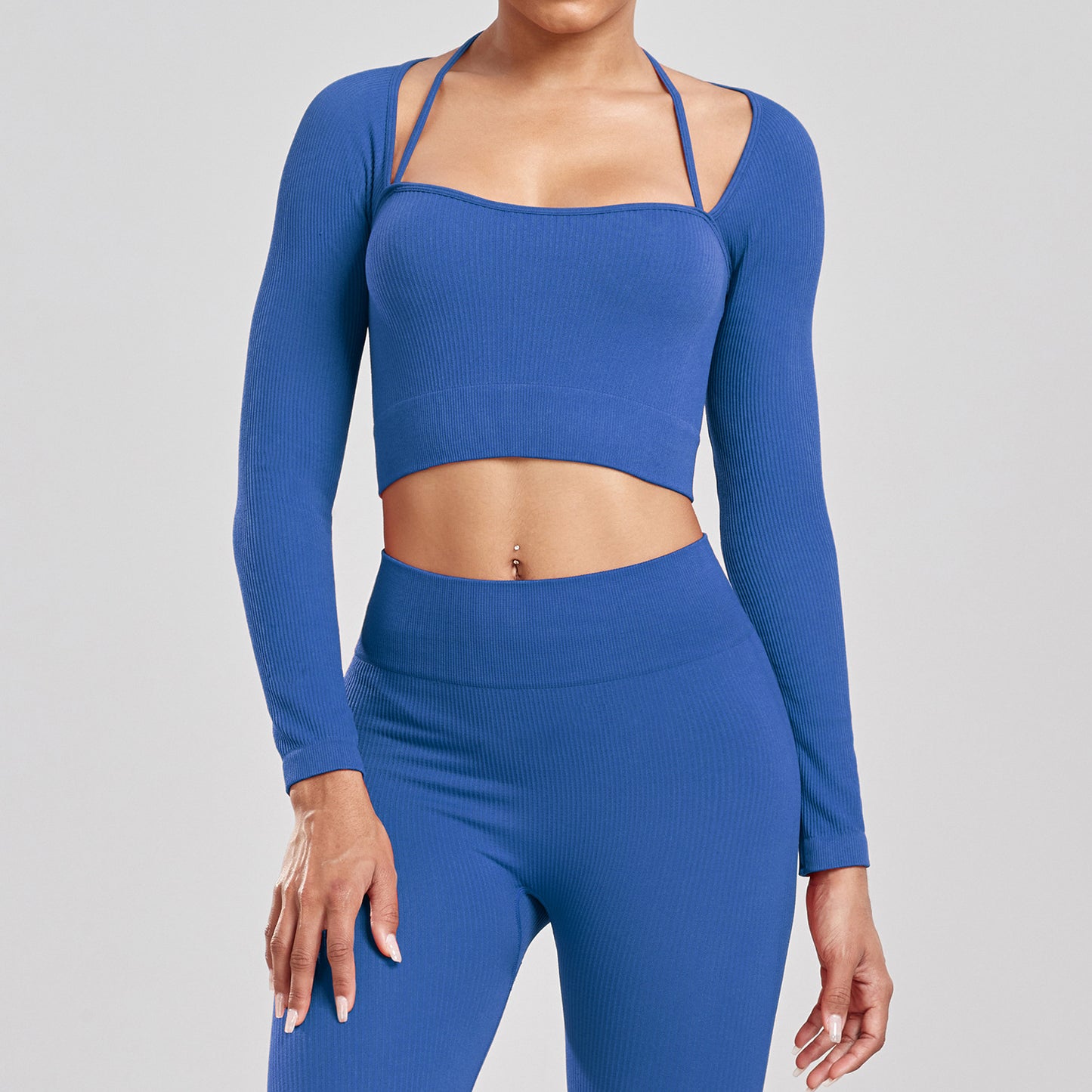 Seamless Yoga Set - Ribbed Long Sleeve Workout Top & High Waist Leggings | Quick Dry