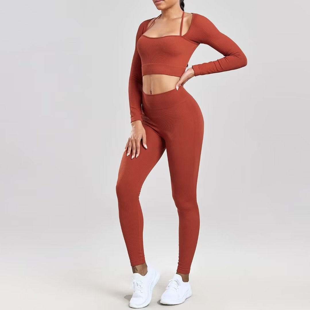 Seamless Yoga Set - Ribbed Long Sleeve Workout Top & High Waist Leggings | Quick Dry