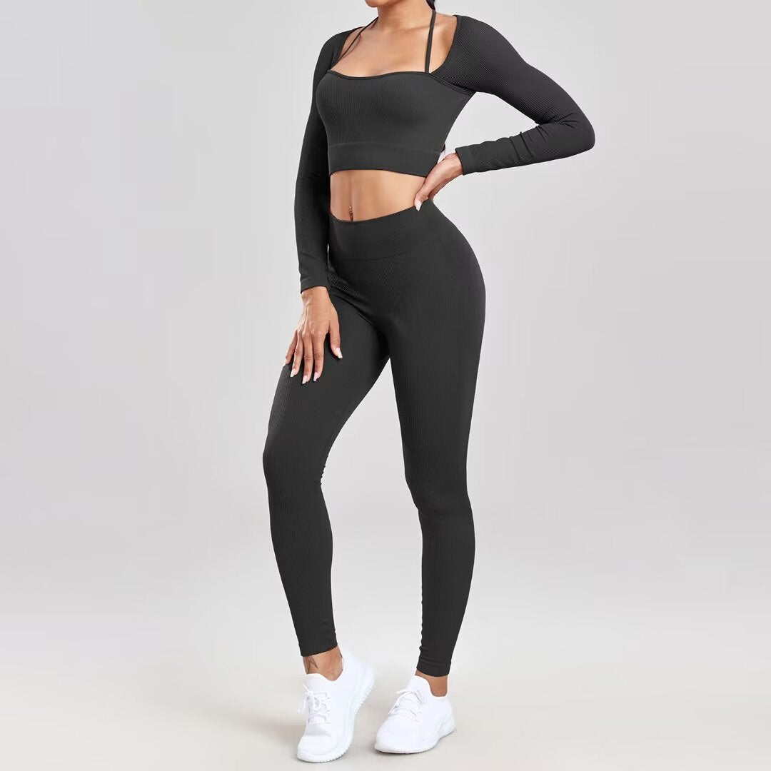 Seamless Yoga Set - Ribbed Long Sleeve Workout Top & High Waist Leggings | Quick Dry