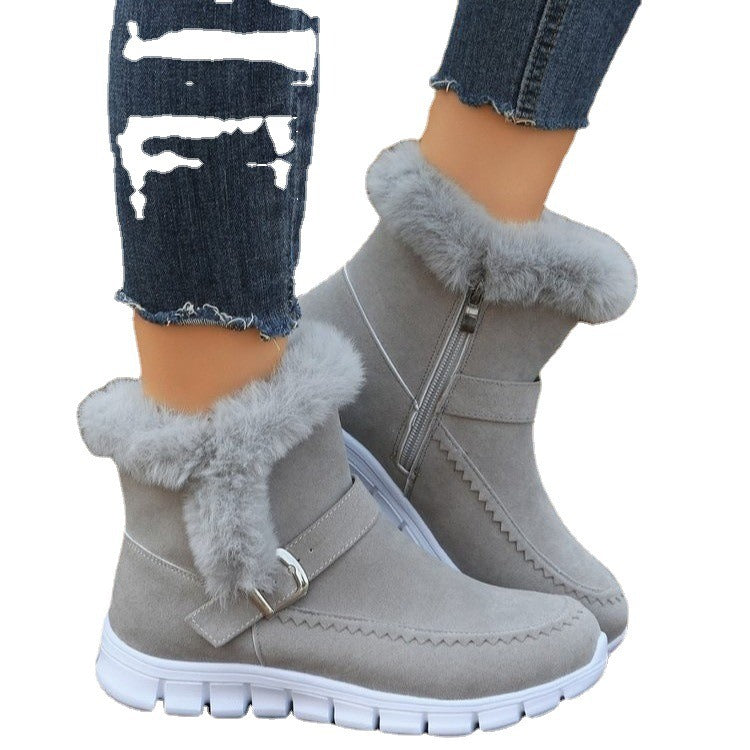 Women’s Warm Velvet Winter Snow Boots | Short Side‑Zip Flat Boots
