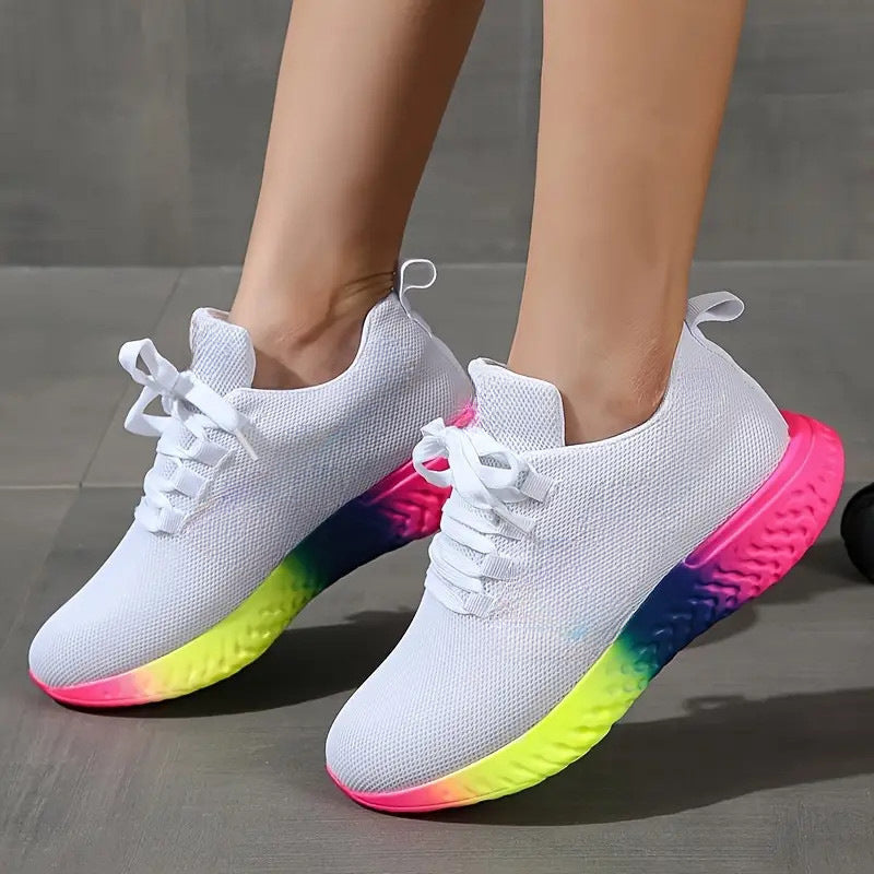 Women's Rainbow Sole Sneakers - Breathable Mesh Running Shoes | Lightweight Sports