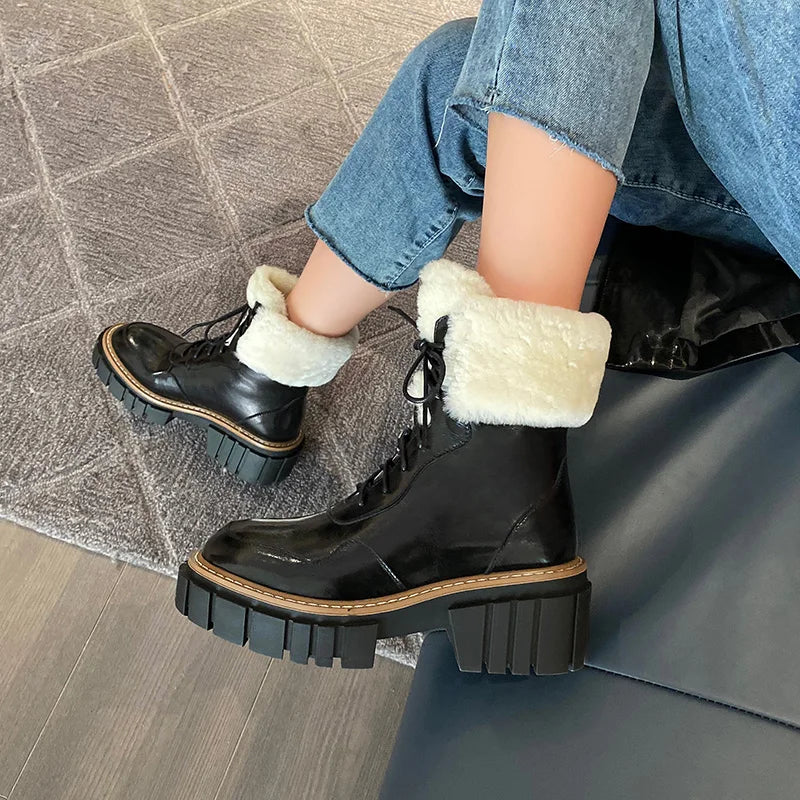 Women’s Leather Winter Boots | Natural Cowhide + Wool Lined Platform Snow Boots