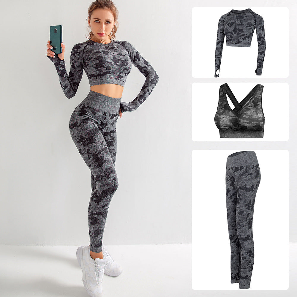 Camo Yoga Set 3 Piece - Sports Bra, Leggings & Long Sleeve Top | Butt Lift Workout