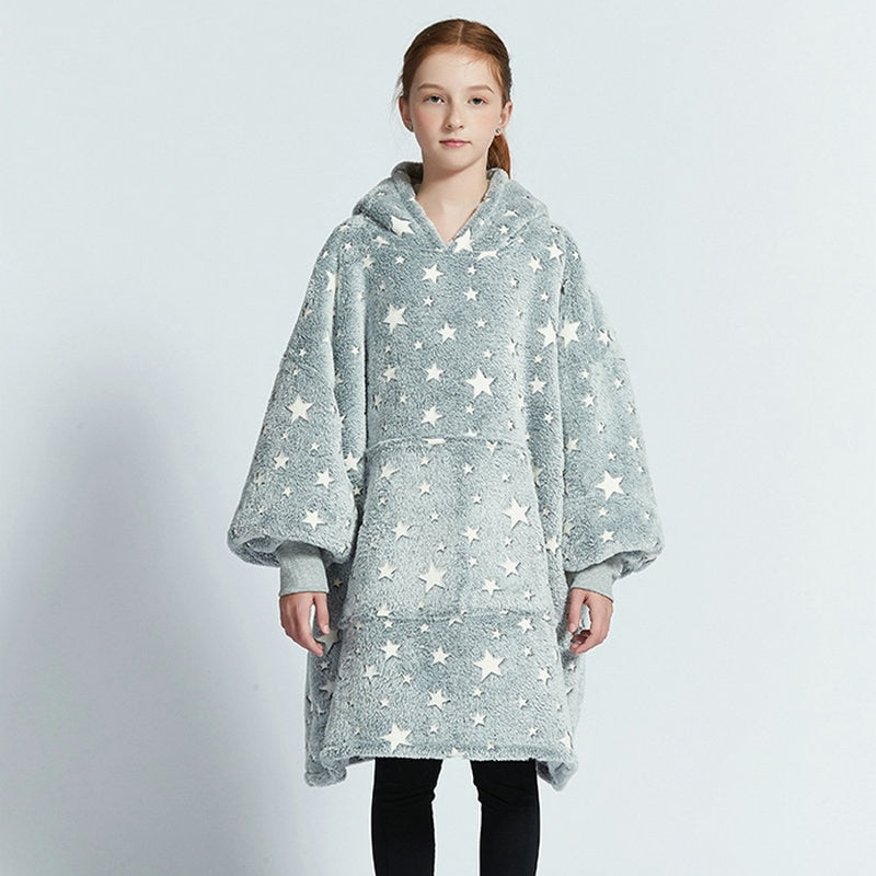 Kids Sherpa Fleece Snuggle Hoodie – Double-Layer TV Blanket Hoodie with Sleeves | Winter Warm Oversized Wearable Blanket