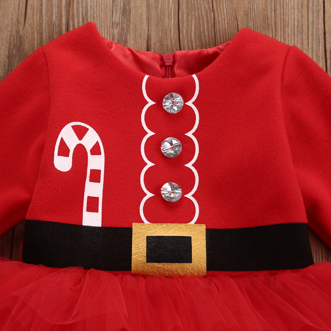 Baby Christmas Tutu Dress Spring and Autumn Long Sleeve Christmas Mesh Dress