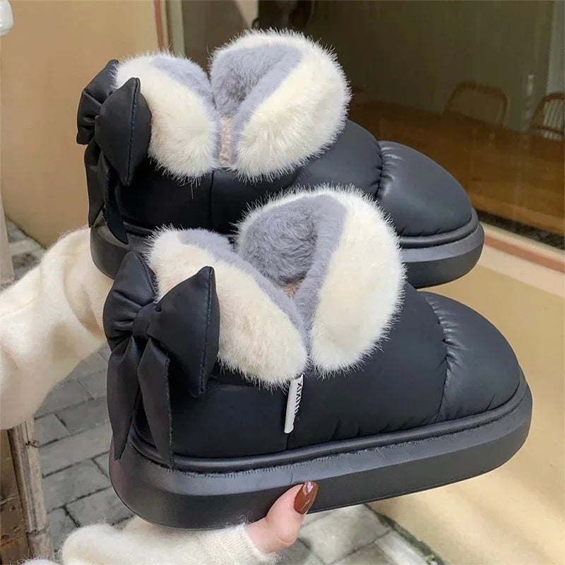 Zapatillas de casa acogedoras de invierno para mujer – antideslizantes, con forro cálido de felpa y detalle de lazo