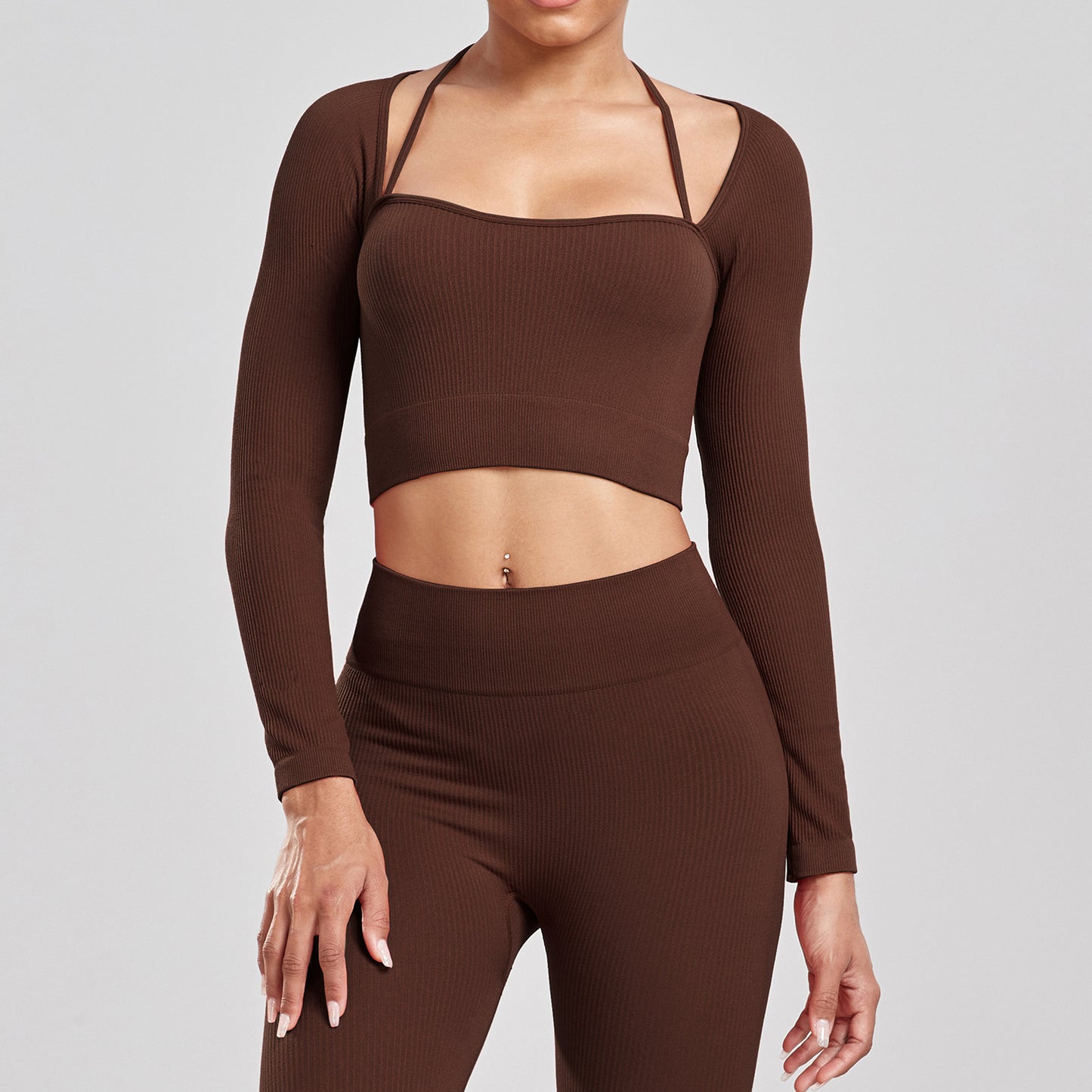Seamless Yoga Set - Ribbed Long Sleeve Workout Top & High Waist Leggings | Quick Dry