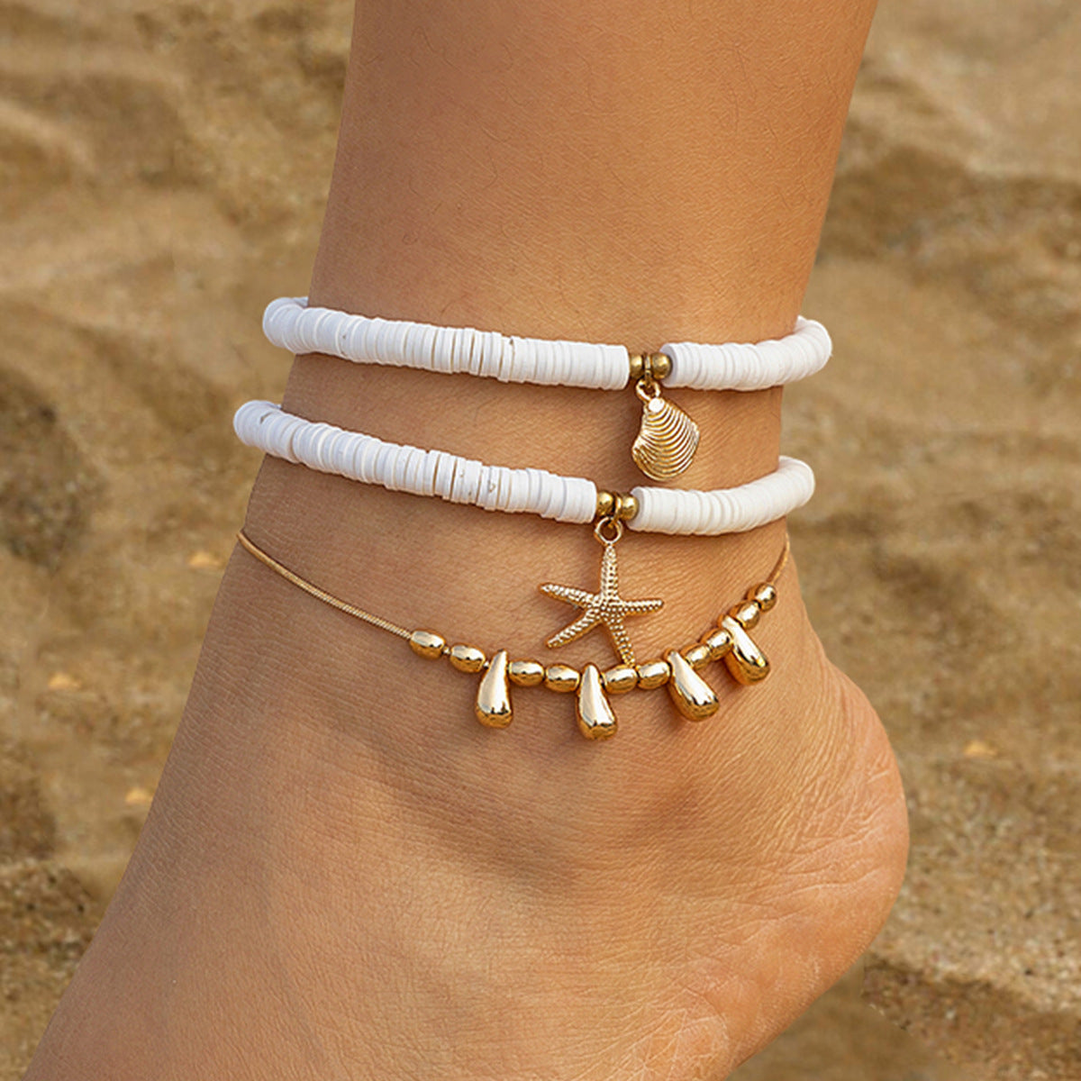 Starfish Ceramic Ankle Chain Set - Beach Multi-Layer Copper Anklet