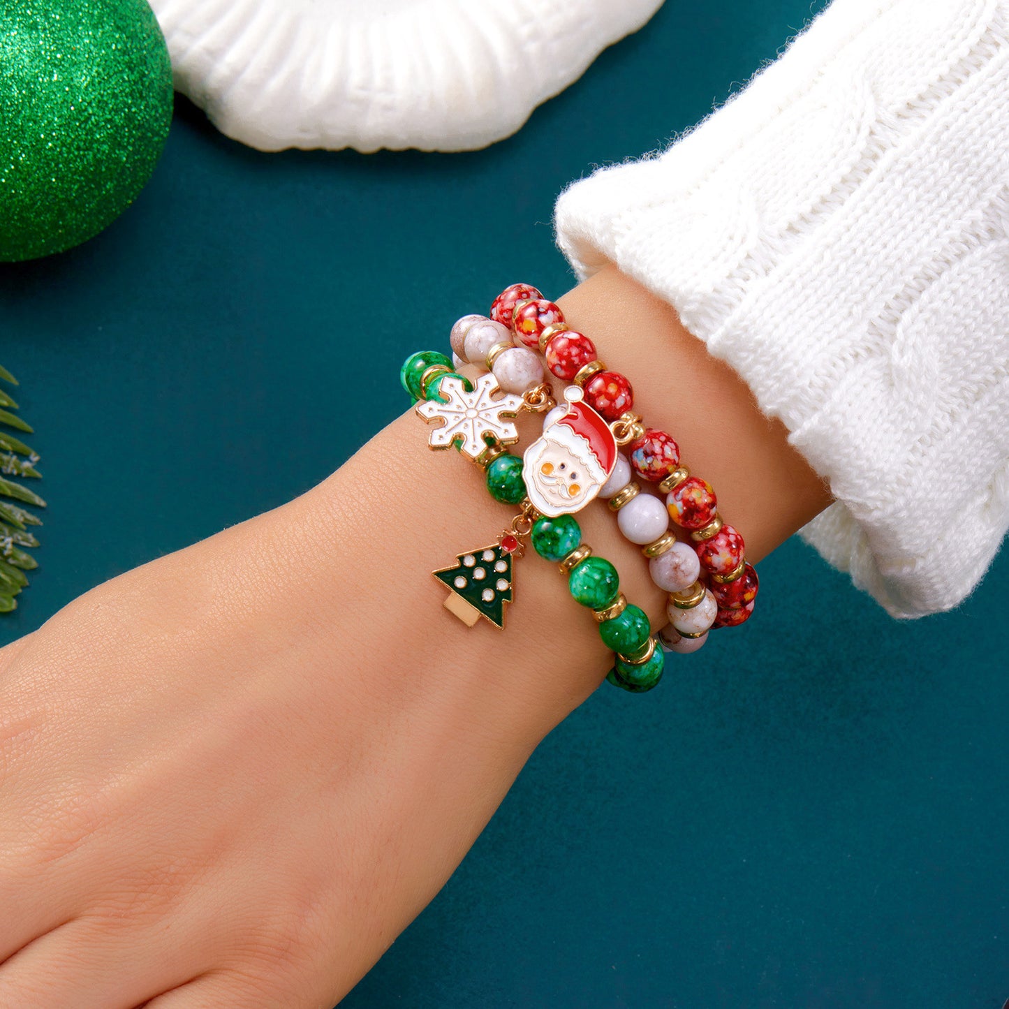 Christmas Beaded Bracelet Set - Santa Snowman Reindeer Jewelry