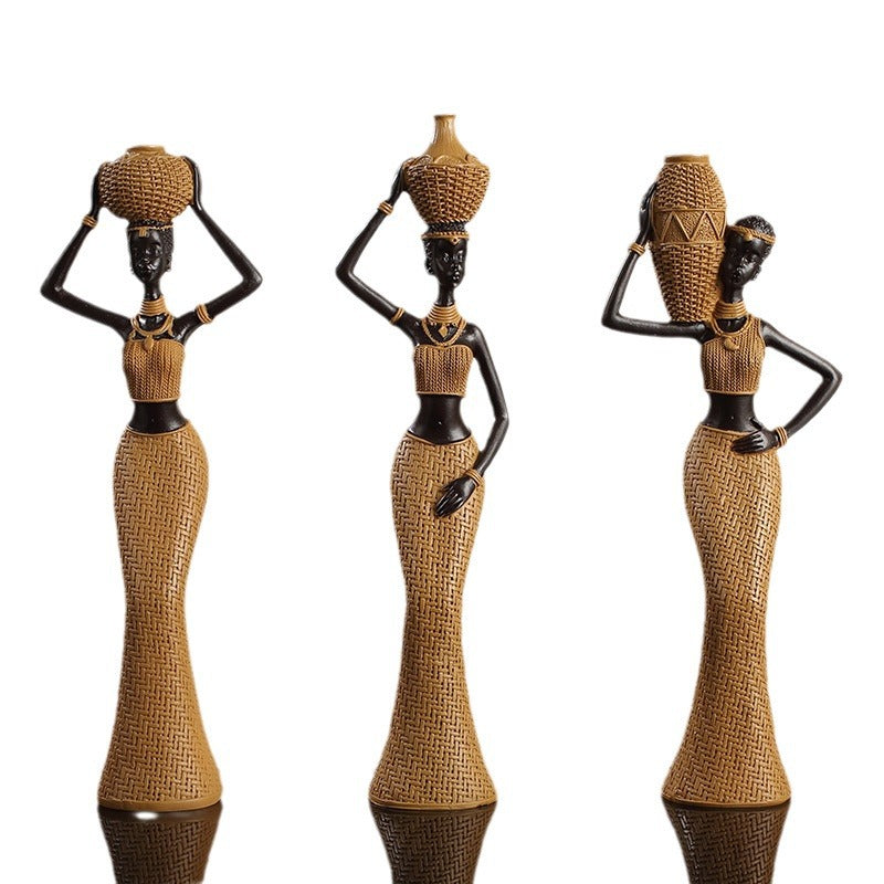 African Girls Resin Ornament - Golden Seated Figurine Home Decor & Character Decoration