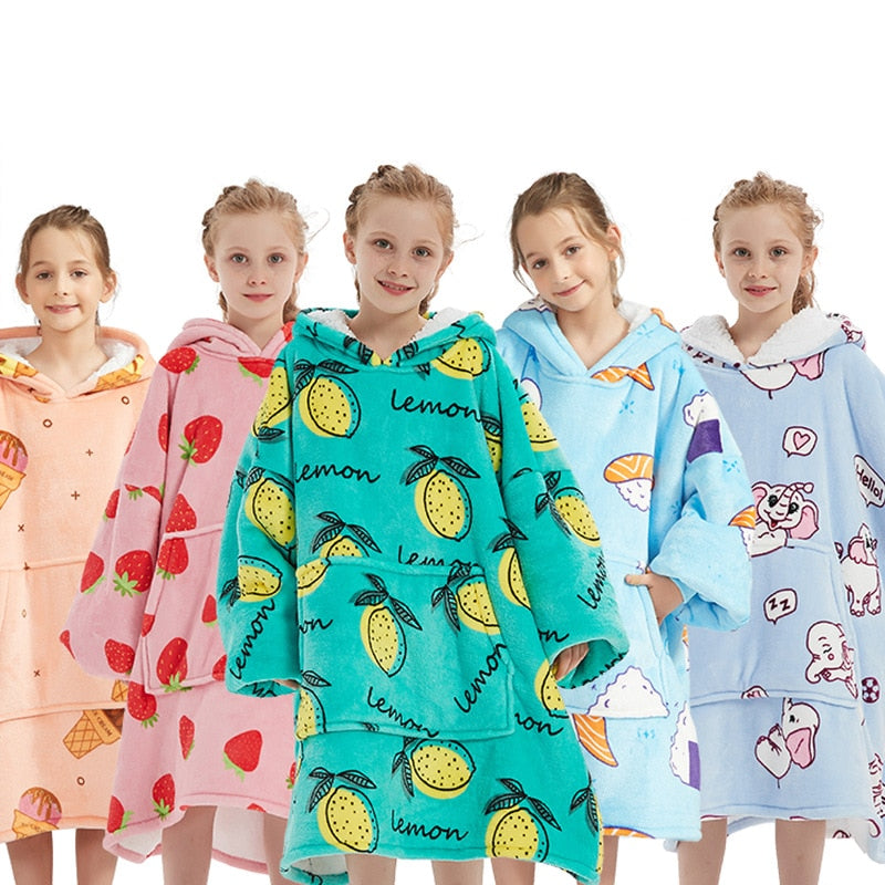 Kids Sherpa Fleece Snuggle Hoodie – Double-Layer TV Blanket Hoodie with Sleeves | Winter Warm Oversized Wearable Blanket