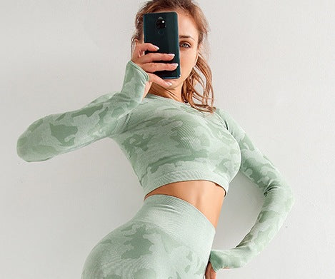 Camo Yoga Set 3 Piece - Sports Bra, Leggings & Long Sleeve Top | Butt Lift Workout