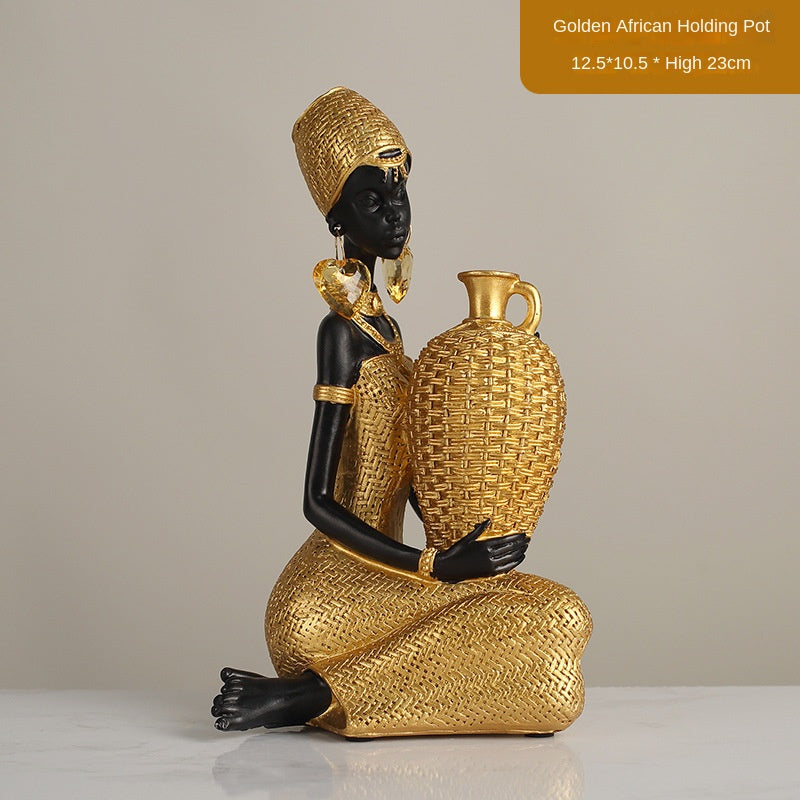African Girls Resin Ornament - Golden Seated Figurine Home Decor & Character Decoration
