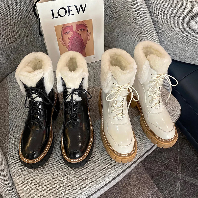 Women’s Leather Winter Boots | Natural Cowhide + Wool Lined Platform Snow Boots