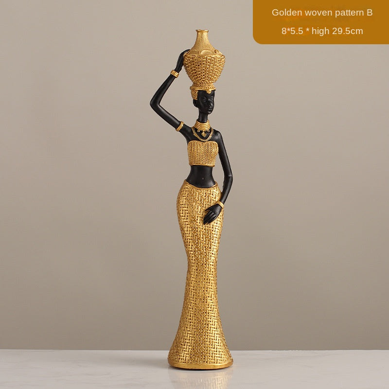 African Girls Resin Ornament - Golden Seated Figurine Home Decor & Character Decoration
