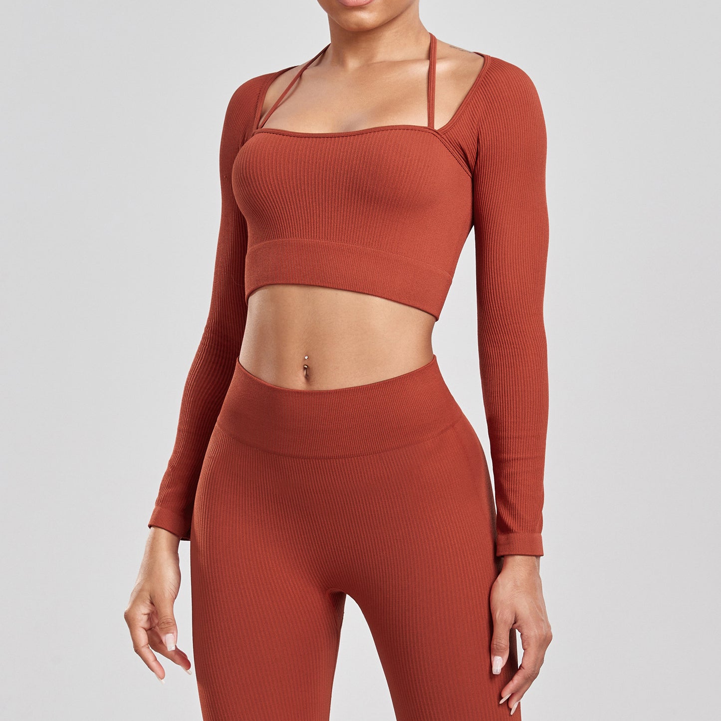 Seamless Yoga Set - Ribbed Long Sleeve Workout Top & High Waist Leggings | Quick Dry
