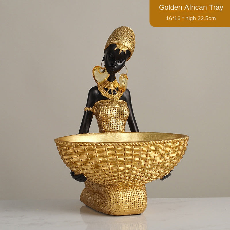African Girls Resin Ornament - Golden Seated Figurine Home Decor & Character Decoration
