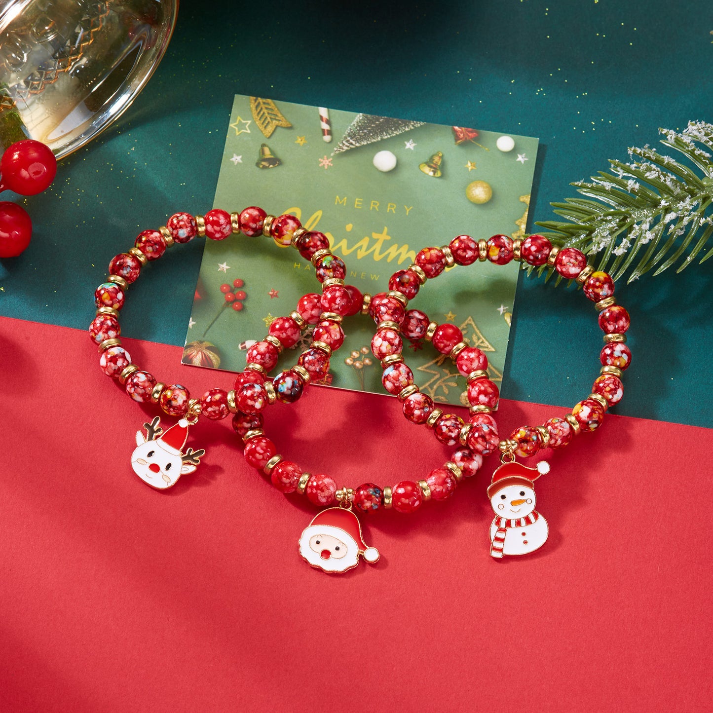 Christmas Beaded Bracelet Set - Santa Snowman Reindeer Jewelry