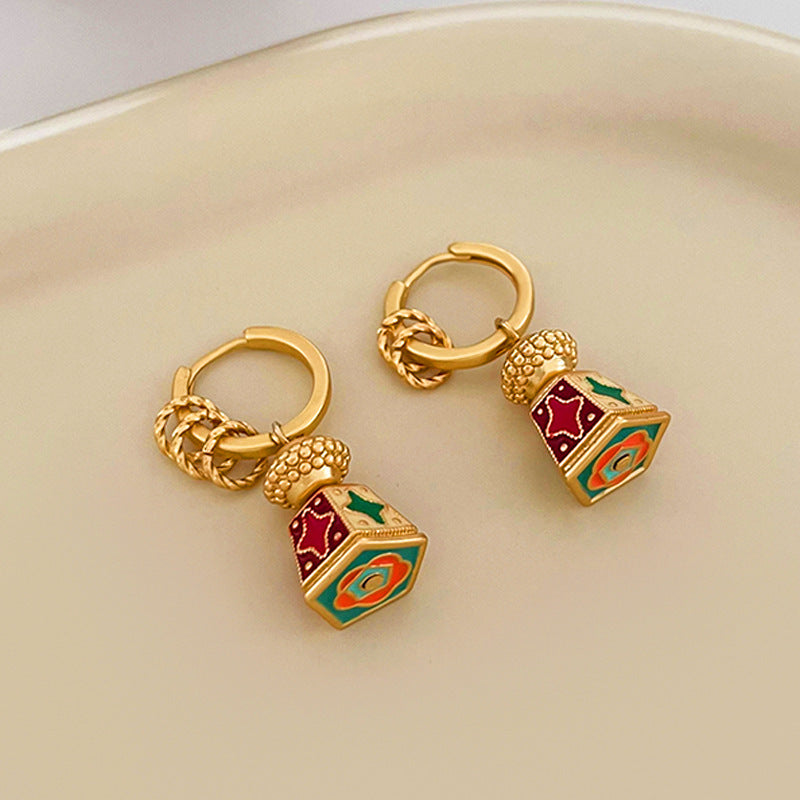 Vintage Chinese Enamel Earrings - Retro Oil-Drip Design for Women