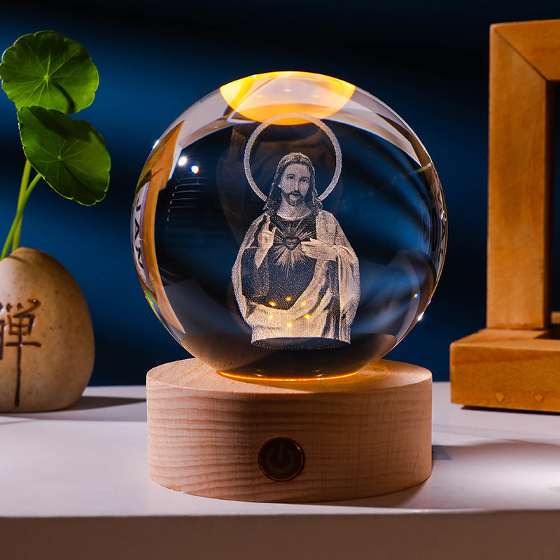 Luminous Crystal Ball with Carved Jesus - Solid Wood Base for Home Decoration & Gift