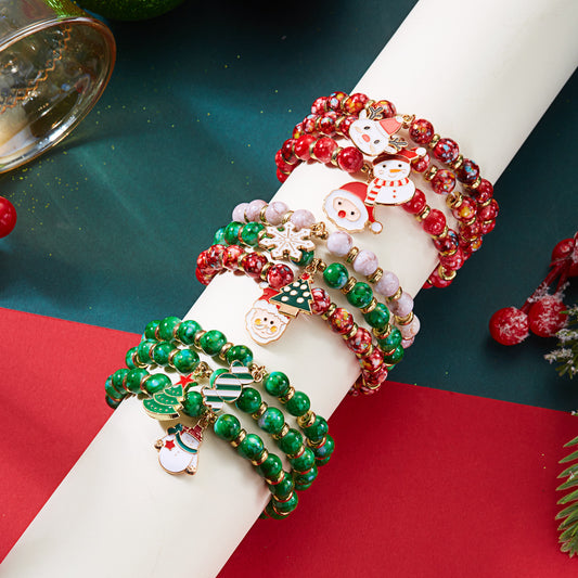 Christmas Beaded Bracelet Set - Santa Snowman Reindeer Jewelry