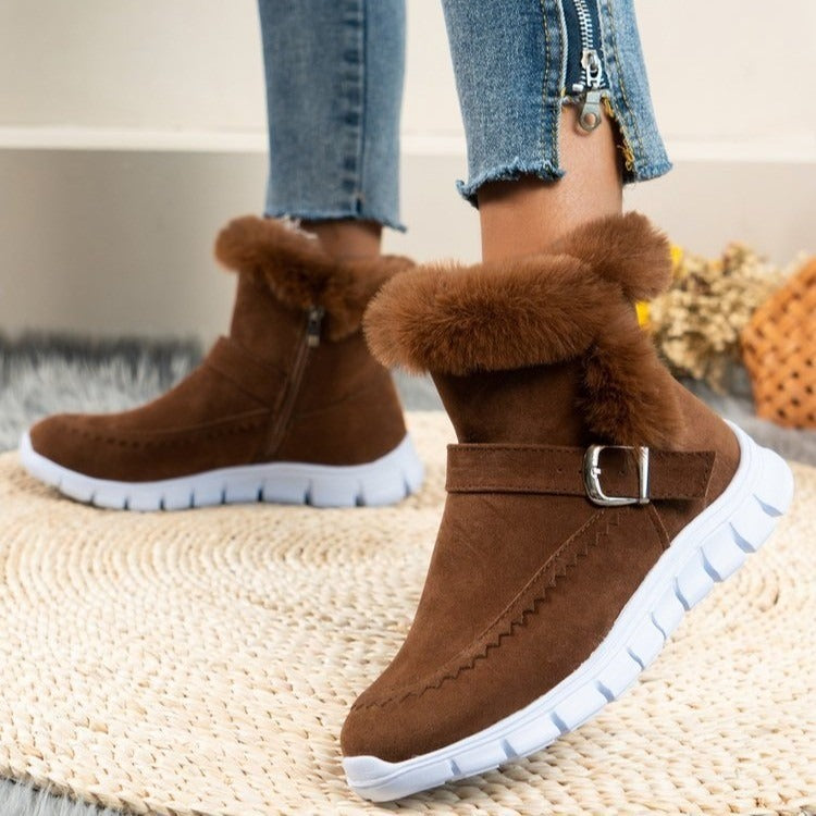 Women’s Warm Velvet Winter Snow Boots | Short Side‑Zip Flat Boots