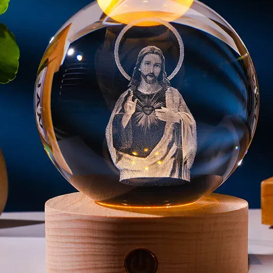 Luminous Crystal Ball with Carved Jesus - Solid Wood Base for Home Decoration & Gift